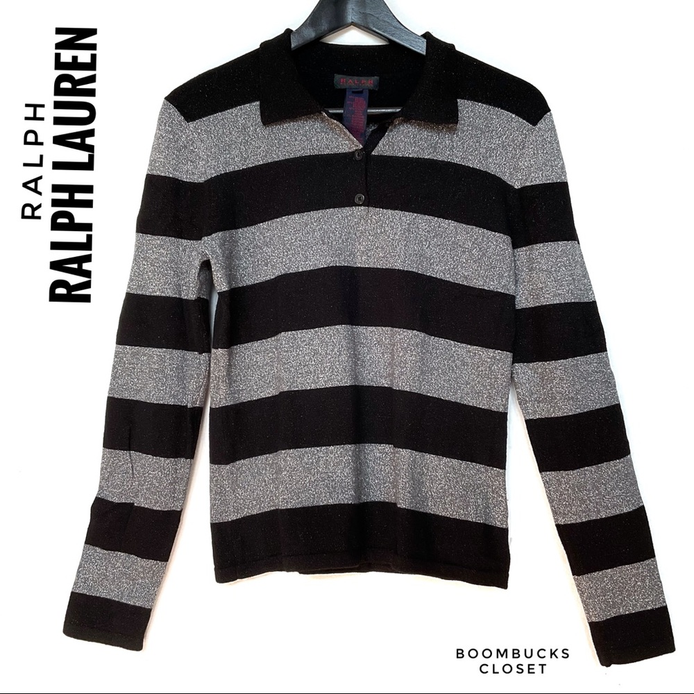 Ralph Ralph Lauren Metallic Black Silver Striped Long Sleeves Polo Shirt